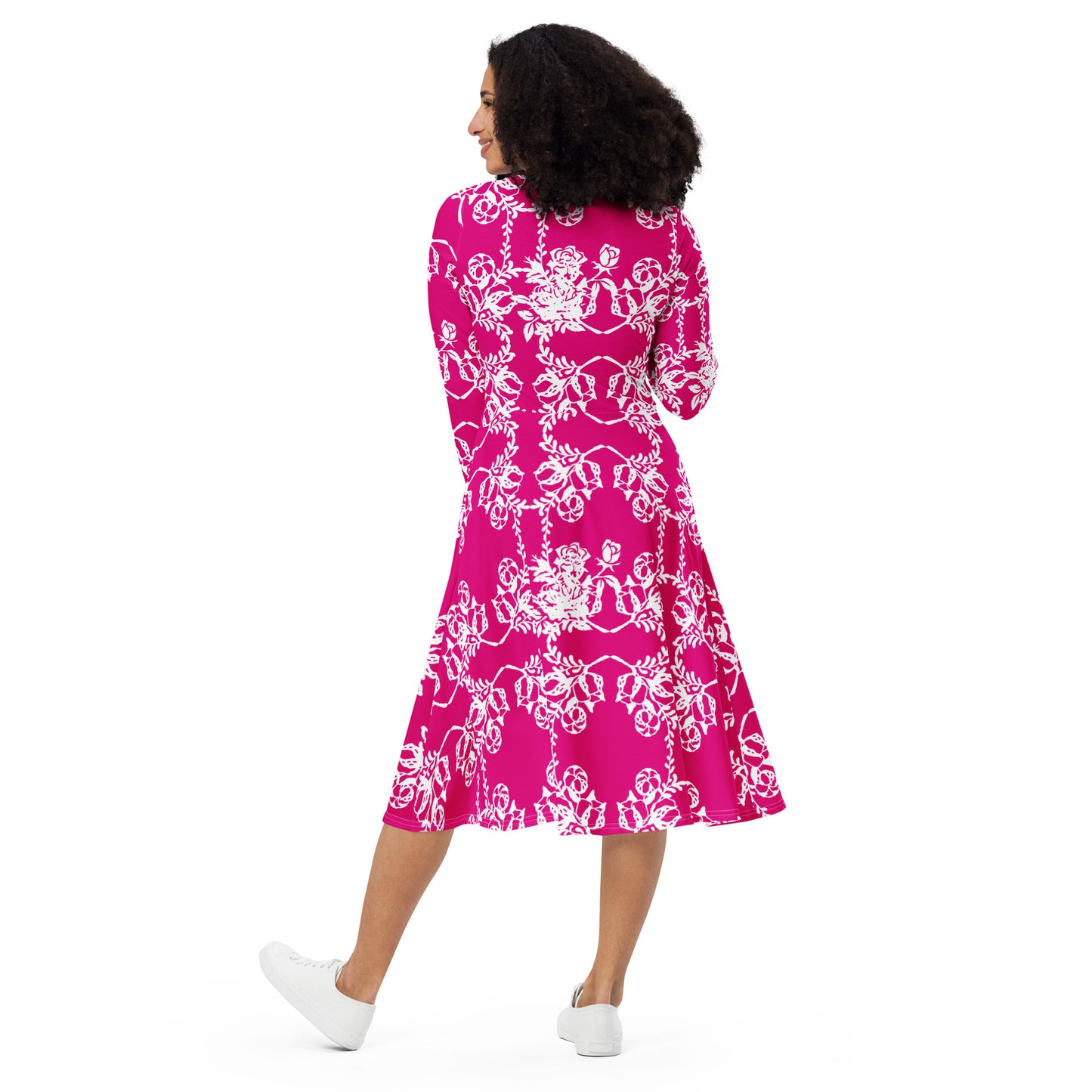 Magenta-Fuchsia Interlocking Flowers Midi Dress