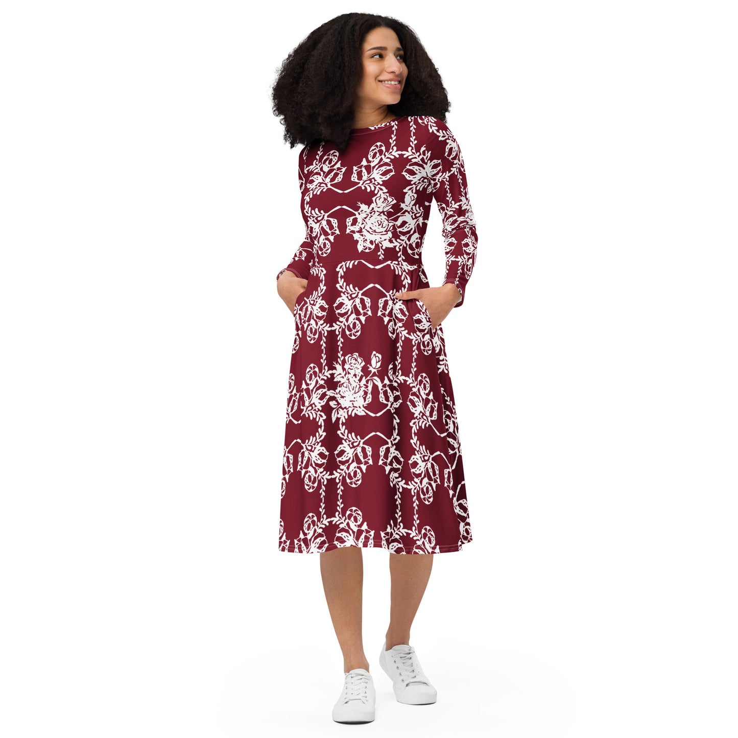 Interlocking Flowers Maroon Midi Dress