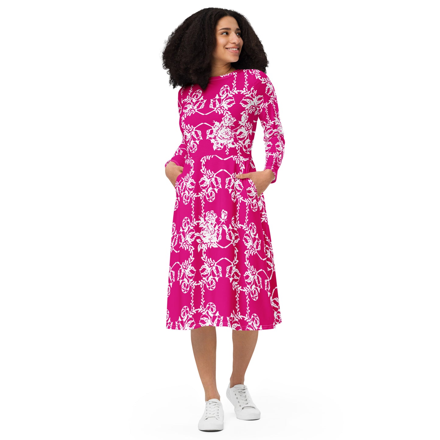 Magenta-Fuchsia Interlocking Flowers Midi Dress