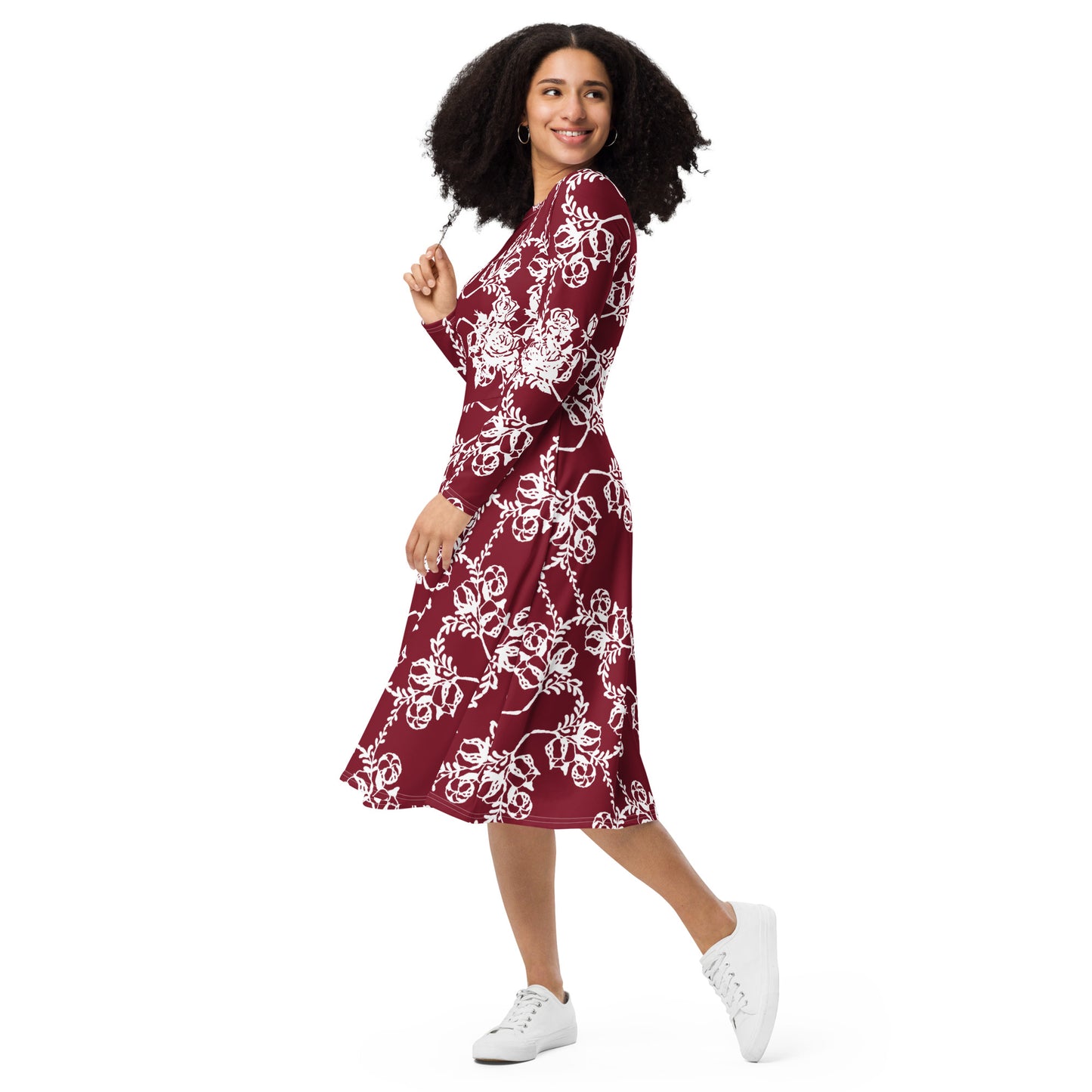 Interlocking Flowers Maroon Midi Dress