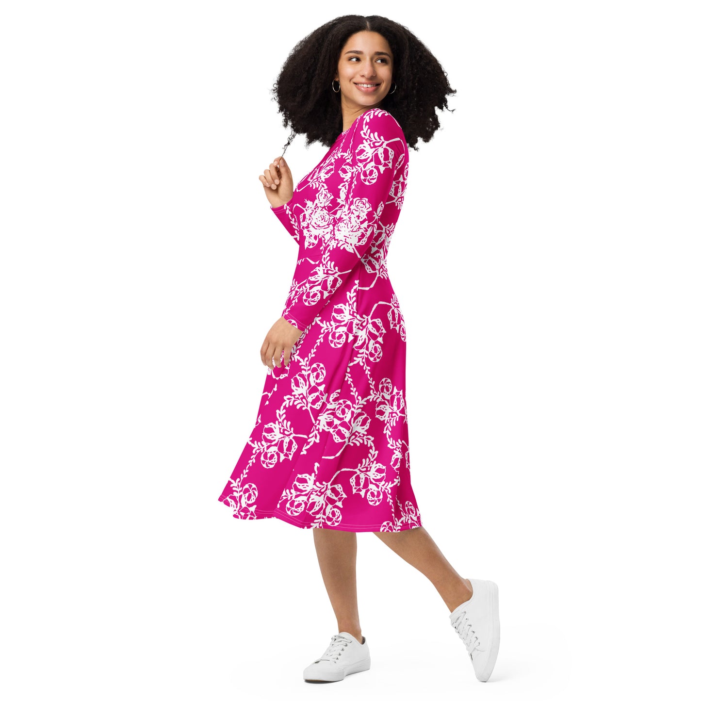 Magenta-Fuchsia Interlocking Flowers Midi Dress