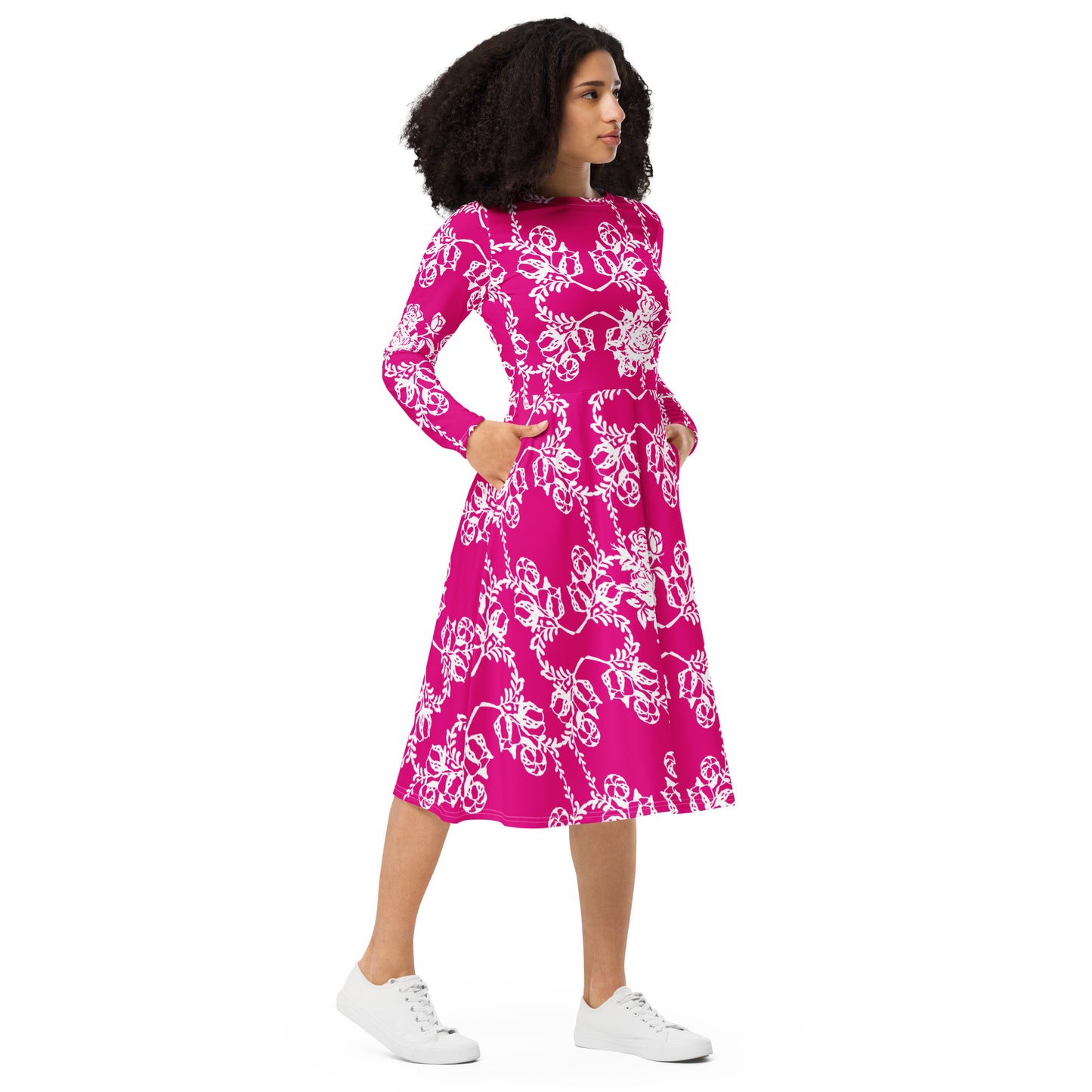 Magenta-Fuchsia Interlocking Flowers Midi Dress